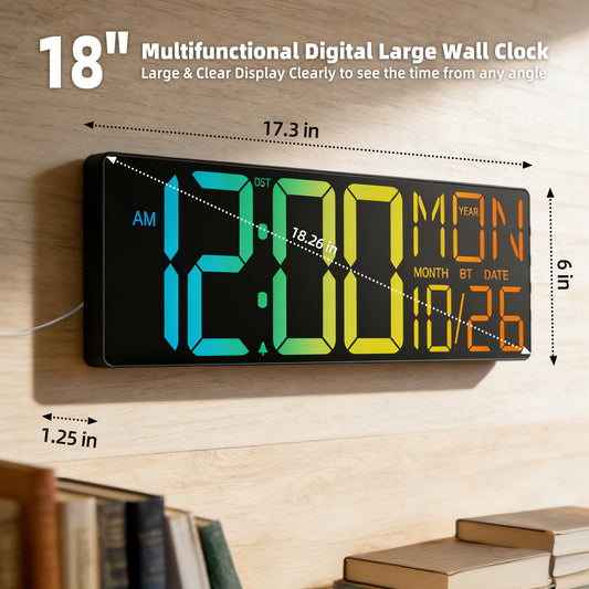 LED Digital Wall Clock 18 Inch with 8 RGB Display Colors, Remote Control and 10-Level Dimming, Timer, Temperature and Alarm for Home Rooms