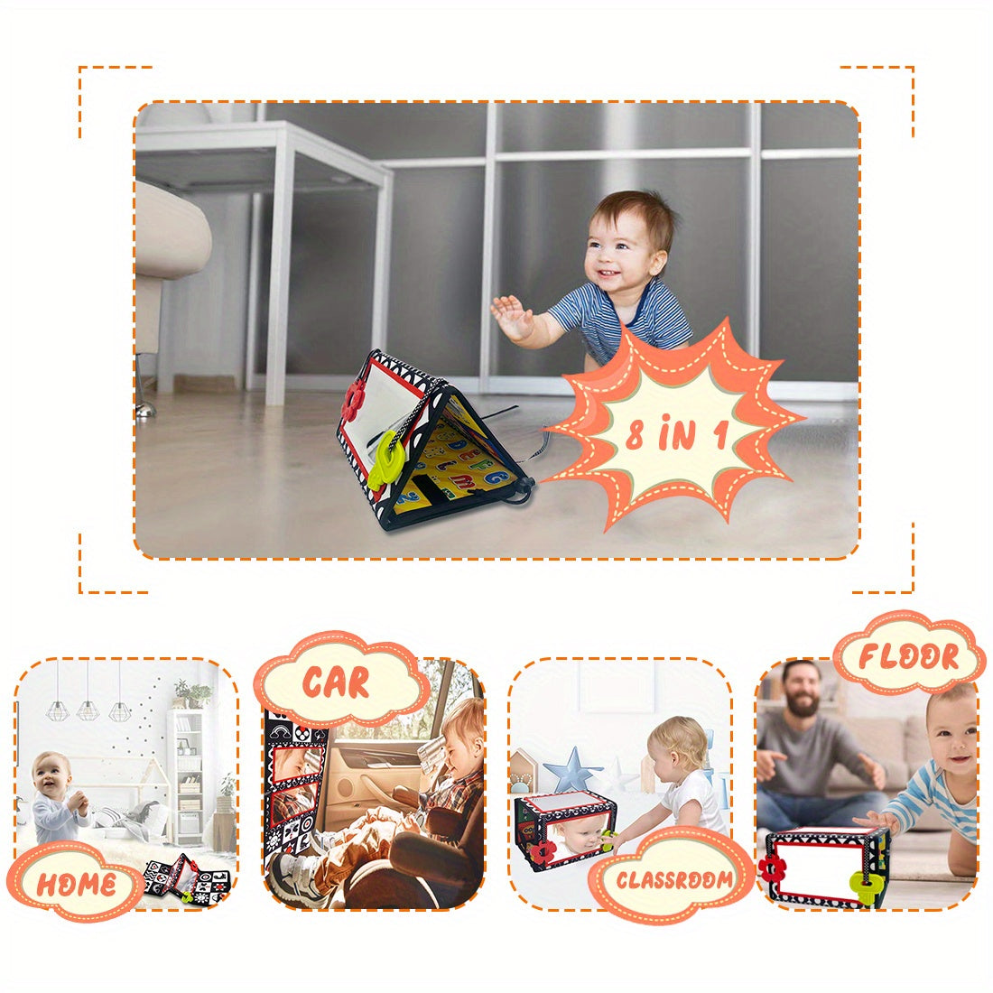 Tummy Time Baby Mirror with Teethers, Double-Sided High-Contrast Animal and Geometric Activity Toy for Supervised Sensory Floor Play