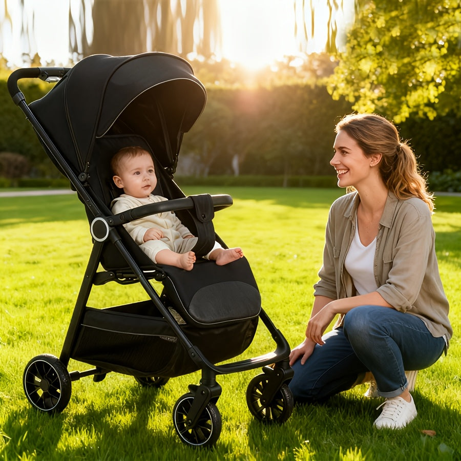 Compact Folding Baby Stroller with Reclining Seat, Canopy and Under-Seat Storage Basket, Black or Khaki Travel Pushchair for Family Outings