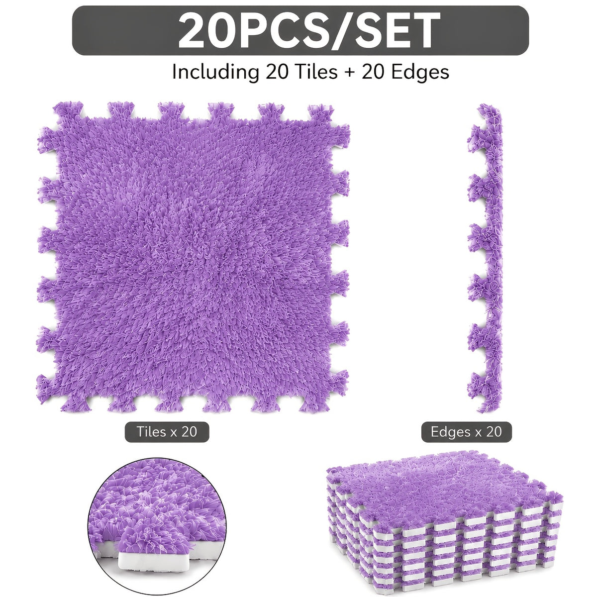Interlocking Foam Puzzle Floor Mat Set, 20 Soft Plush Baby Tiles with 20 Edge Trims for Crawling, Nursery Play Areas, Bedrooms and Living Rooms