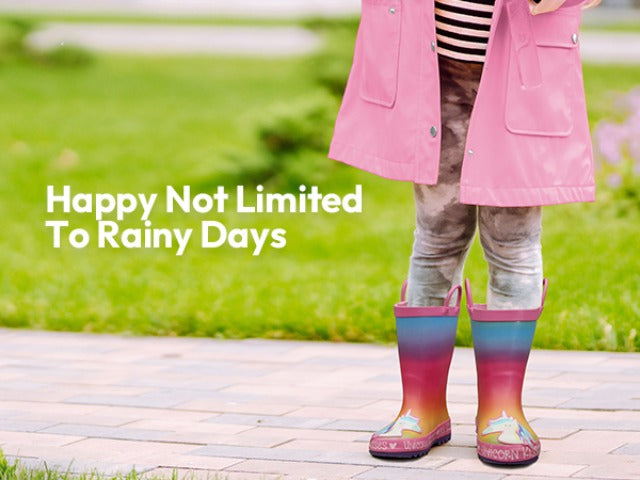 Pull-Handle Kids Rain Boots in PVC, Rainbow Unicorn and Other Color Options with Cartoon Details and Anti-Slip Sole for Toddler to Big Kid Rainy-Day Outings