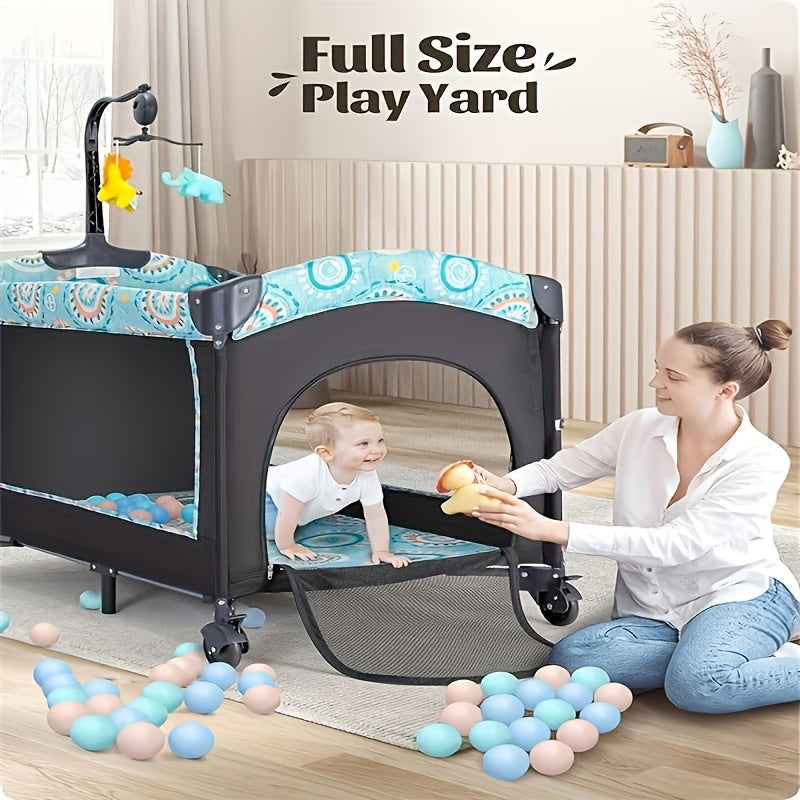 5-in-1 Pack and Play Baby Crib with Detachable Changing Table, Includes Mattress, Storage, Music, and 3 Adjustable Heights, Portable Large Playard for Newborn Baby, Supports Up to 19 Pounds