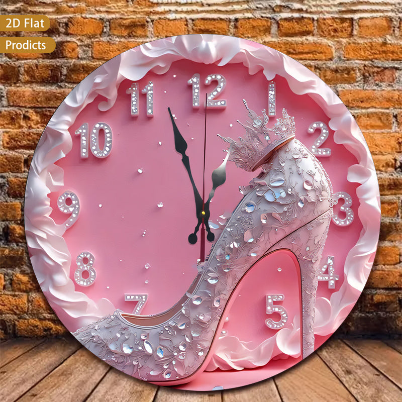 High Heel Shoe Wall Clock 12 Inch, Silent Non-Ticking Round 2D Flat Decorative Clock with Wood Frame for Bedroom or Dressing Room