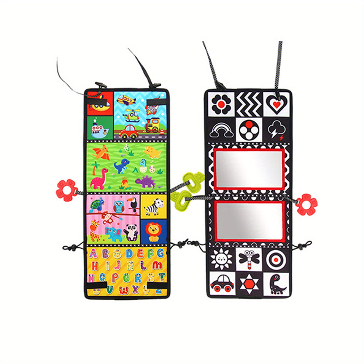 Tummy Time Baby Mirror with Teethers, Double-Sided High-Contrast Animal and Geometric Activity Toy for Supervised Sensory Floor Play
