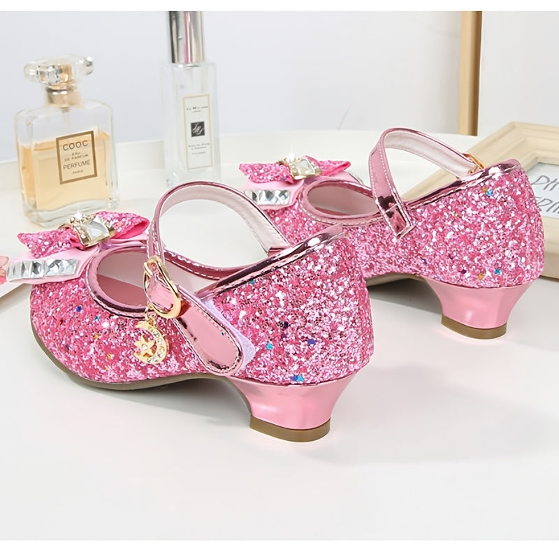 Dazzling Glitter Stone Mary Jane Party Heels for Girls - Sparkly Shoes with Round Toe & Magic Tape Closure, Perfect for Flower Girl, Wedding & Birthday Celebrations, Toddler to Big Kid Sizes
