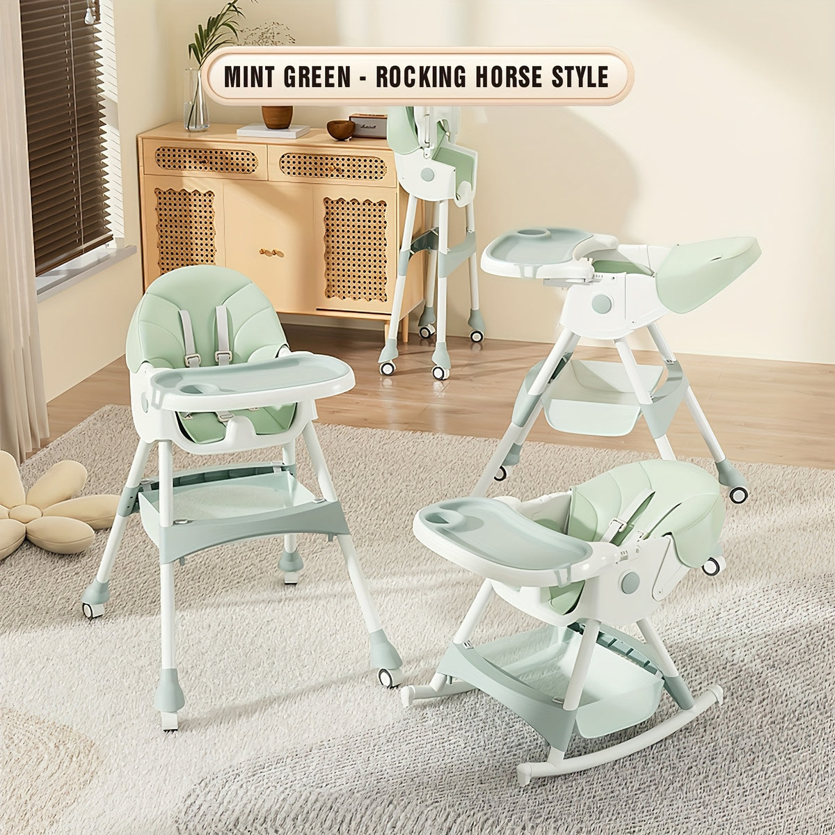 Double Tray Baby High Chair, Adjustable PU Leather Dining Seat with Five-Point Harness and Detachable Two-Layer Tray for Home Mealtimes