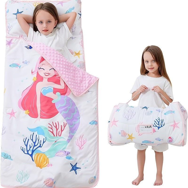 Kids Nap Mat with Pillow and Blanket for Preschool Daycare, Roll-Up Slumber Mat for Boys and Girls, Colorful Prints for Travel and Rest Time