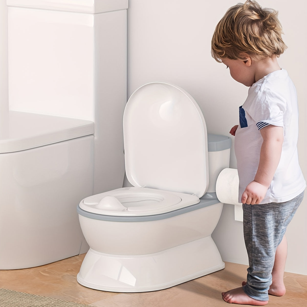 Realistic Flush Sound Potty Training Toilet 2-in-1 with Removable Training Seat, Storage Bin, Flip-Up Lid and Toilet Paper Holder, Self-Contained Kids Bathroom System for Toddlers 1-3 Years, Grey