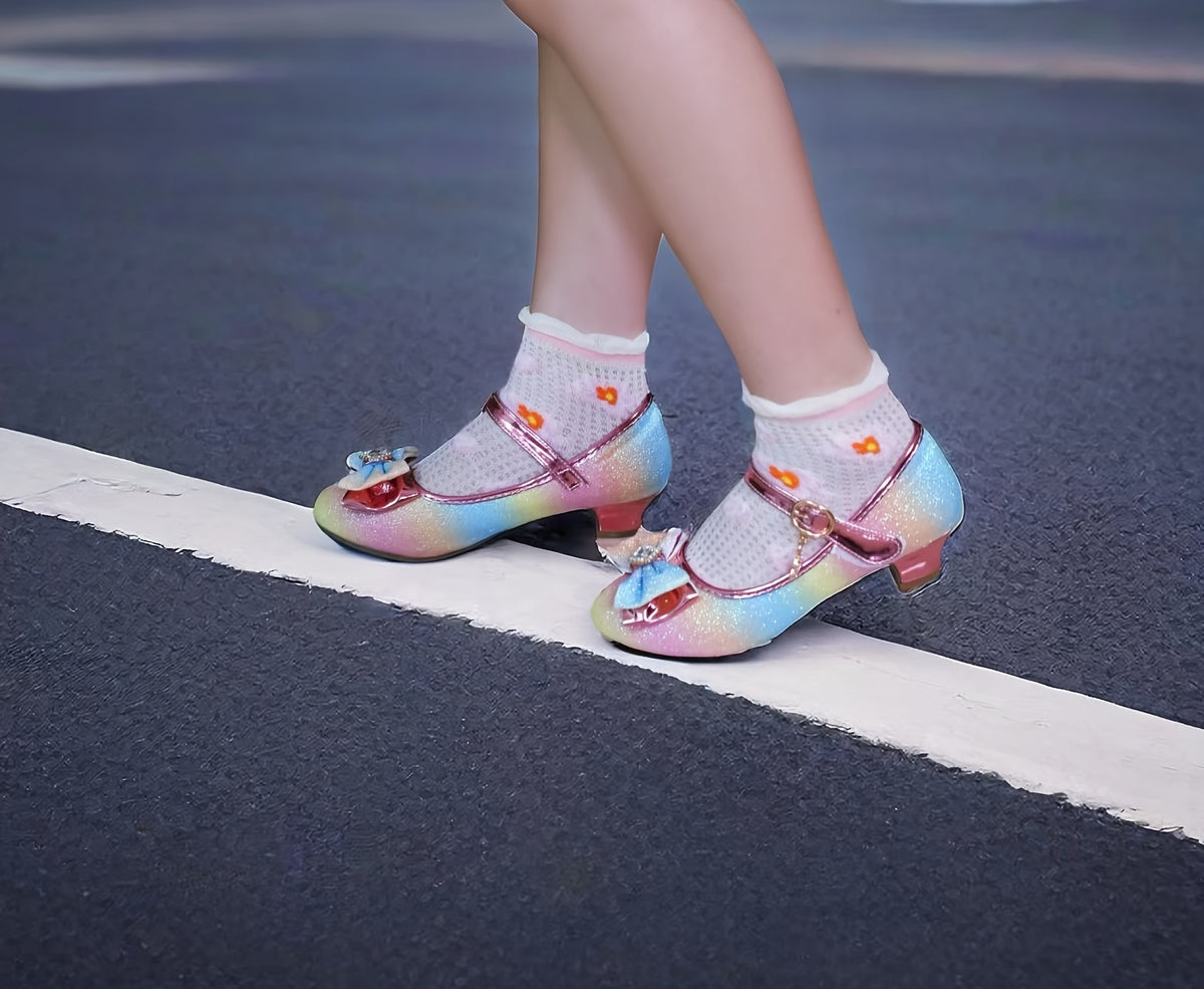 Girls Iridescent Dress Shoes with Bow and Heart Charm, Sparkly Round-Toe Heels with Hook-and-Loop Strap for Weddings, Parties and Performances