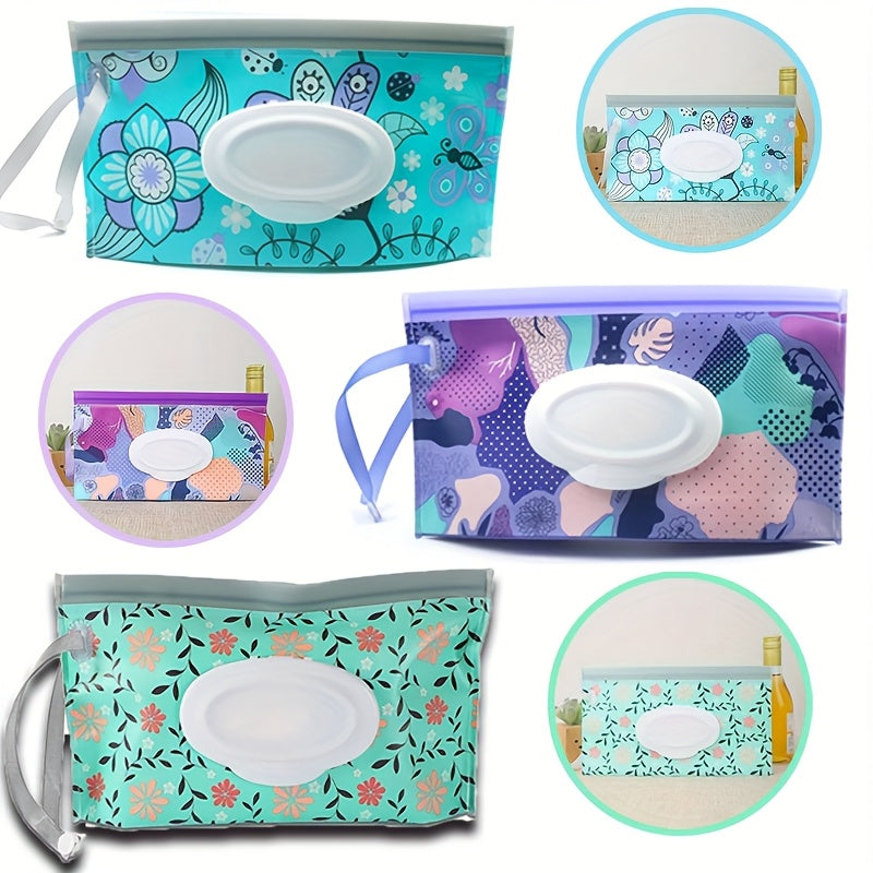 Refillable Baby Wipes Pouch 3-Pack, Reusable Portable Wet Wipe Dispenser Holders for Diaper Bag and On-the-Go Changes in Floral Colors