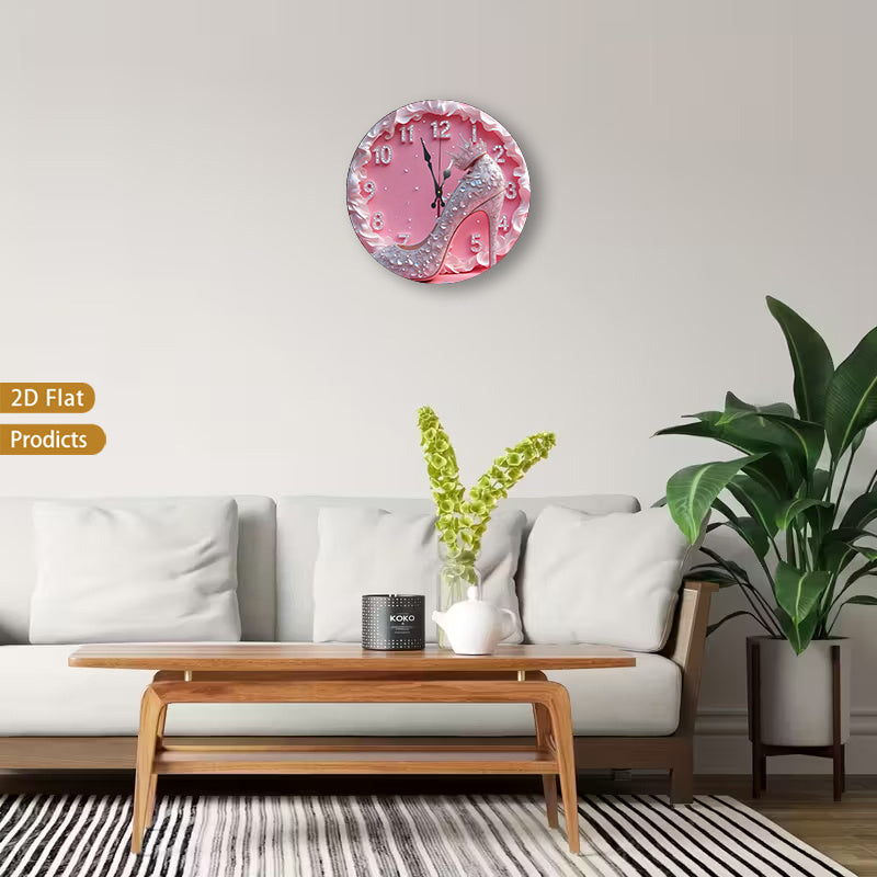 High Heel Shoe Wall Clock 12 Inch, Silent Non-Ticking Round 2D Flat Decorative Clock with Wood Frame for Bedroom or Dressing Room
