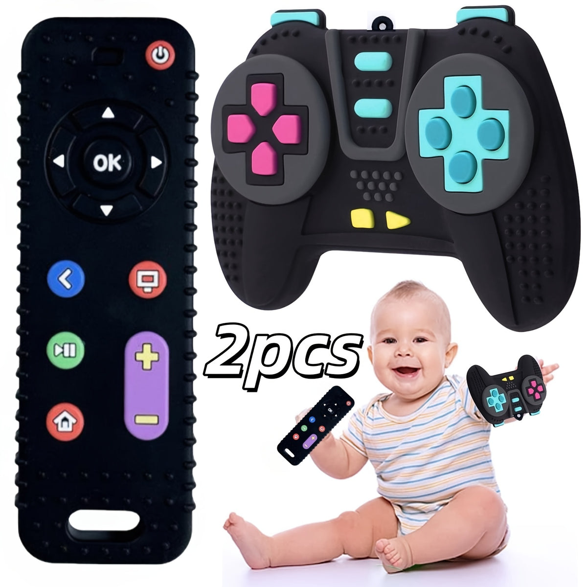 Silicone Baby Teething Toys with TV Remote and Game Controller Designs, Soft Chew Toys with Colorful Button Details for Supervised Play
