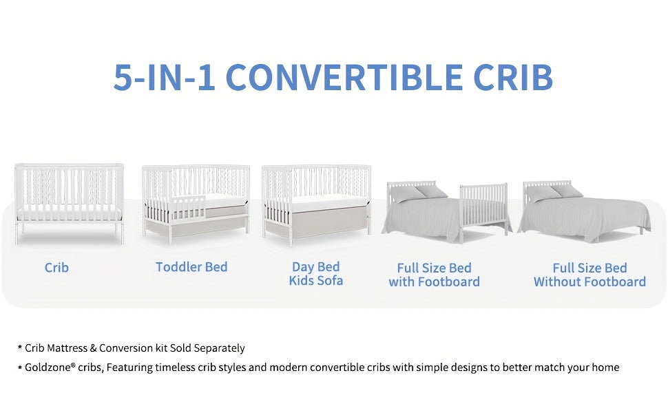 5-in-1 Convertible Crib by Goldzone, New Zealand Pine Wood Baby Crib with 4 Adjustable Mattress Heights, Toddler, Daybed and Full-Bed Options