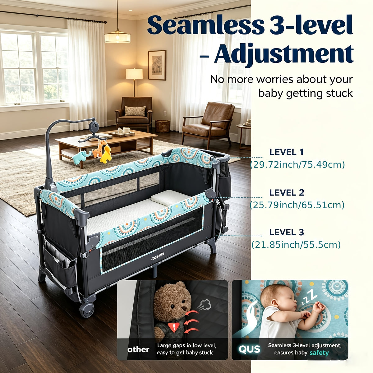 5-in-1 Pack and Play Baby Crib with Detachable Changing Table, Includes Mattress, Storage, Music, and 3 Adjustable Heights, Portable Large Playard for Newborn Baby, Supports Up to 19 Pounds