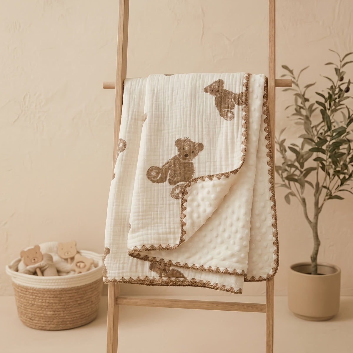 Double-Layer Baby Blanket with Cotton Gauze and Minky Dot Backing, 39.37 x 39.37 Inch Newborn Wrap in Bear, Rabbit and Dinosaur Prints
