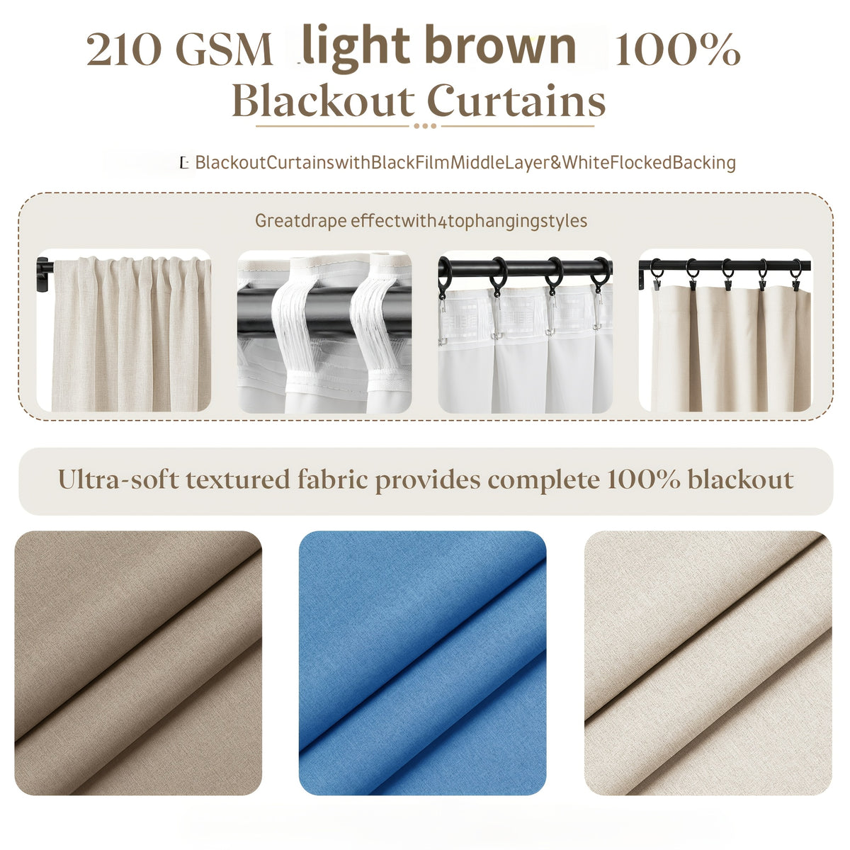 Blue Nursery Blackout Curtains 4-Panel Set, 52 x 63 Inch Coated-Lining Window Drapes with Four Hanging Methods for Bedroom Privacy