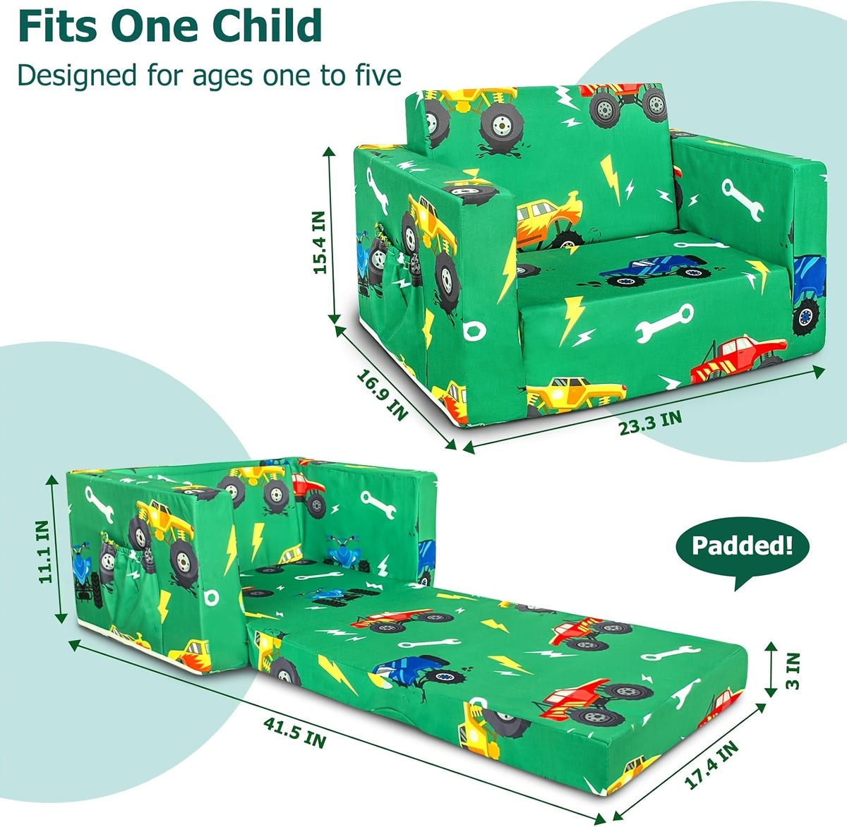 Convertible Kids Sofa Bed, 2-in-1 Fold-Out Toddler Couch and Lounge Chair with Removable Washable Cover for Reading and Playroom Relaxing