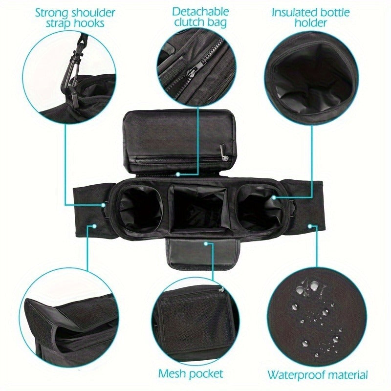 Stroller Console Bag with Dual Cup Holders, Black Hanging Organizer with Detachable Wristlet Phone Pouch and Adjustable Shoulder Strap
