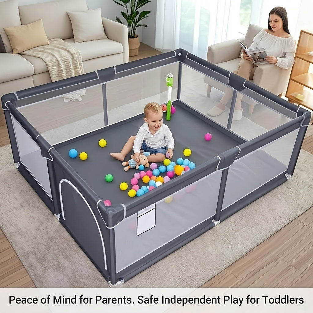 Baby Playpen Fence with Soft Breathable Mesh, Indoor Outdoor Kids Activity Enclosure in Gray or Beige with Size and Mat Bundle Options