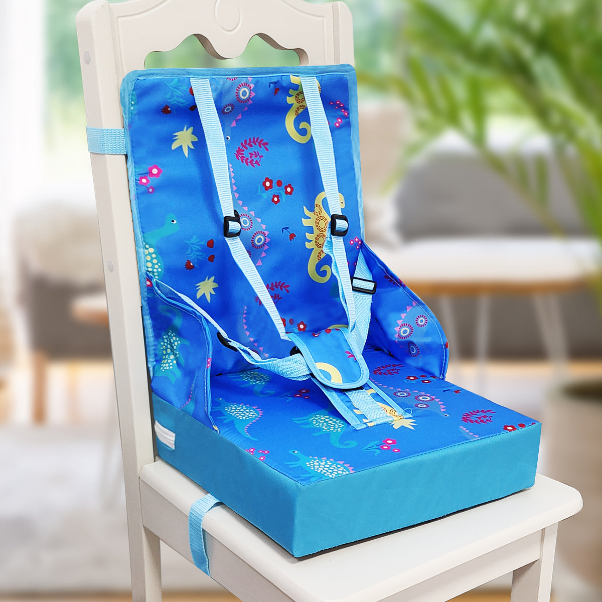 Kids Dining Chair Cushion with Backrest and Adjustable Straps, Foldable Oxford Cloth Seat Pad with Removable Washable Cover for Home and Travel