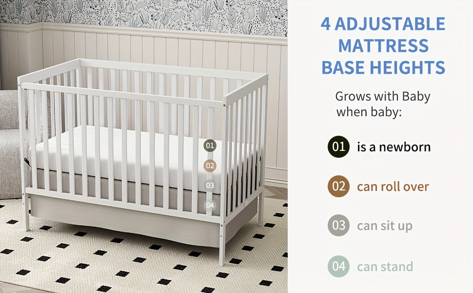 5-in-1 Convertible Crib by Goldzone, New Zealand Pine Wood Baby Crib with 4 Adjustable Mattress Heights, Toddler, Daybed and Full-Bed Options