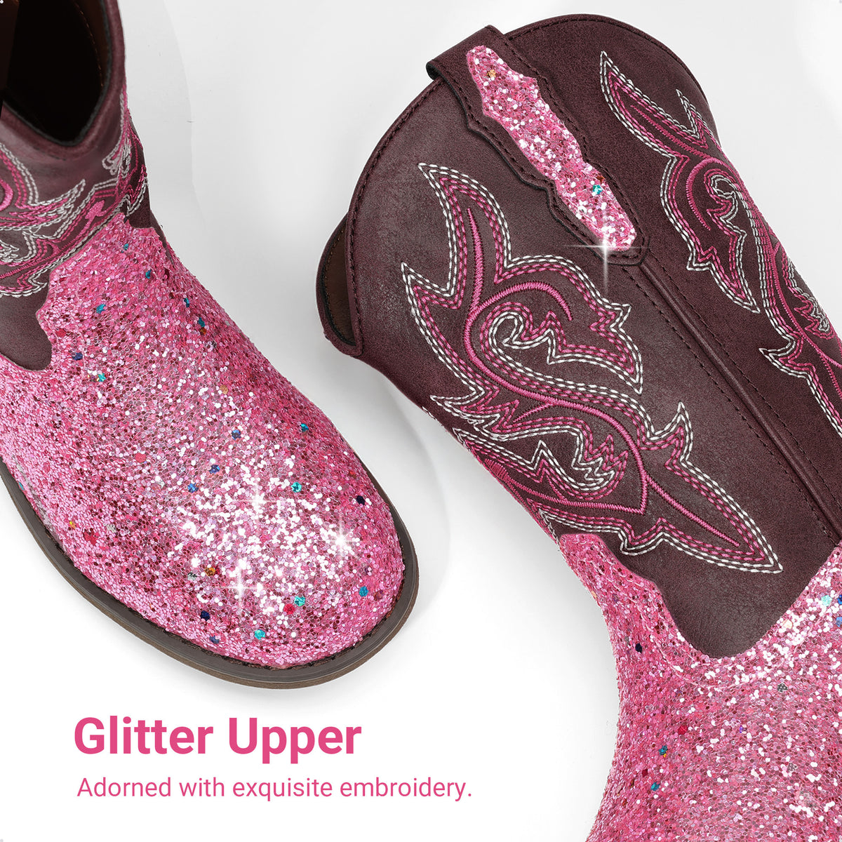 Kids Glitter Cowgirl Boots, Sparkly Western Mid-Calf Pull-On Shoes with Embroidered PU Upper, Round Toe and Easy-Grip Tabs for Girls’ Dance, Dress-Up, Parties & Everyday Play
