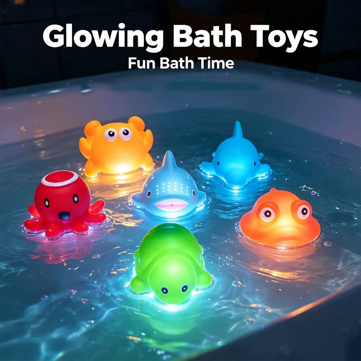 Light Up Sea Animal Bath Toys, 2-Piece No-Hole Floating Bathtub Toy Set with Colorful Glitter for Kids' Bath Time, Random Colors