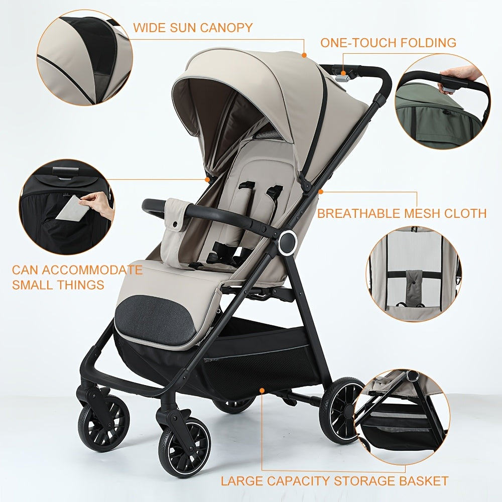Compact Folding Baby Stroller with Reclining Seat, Canopy and Under-Seat Storage Basket, Black or Khaki Travel Pushchair for Family Outings