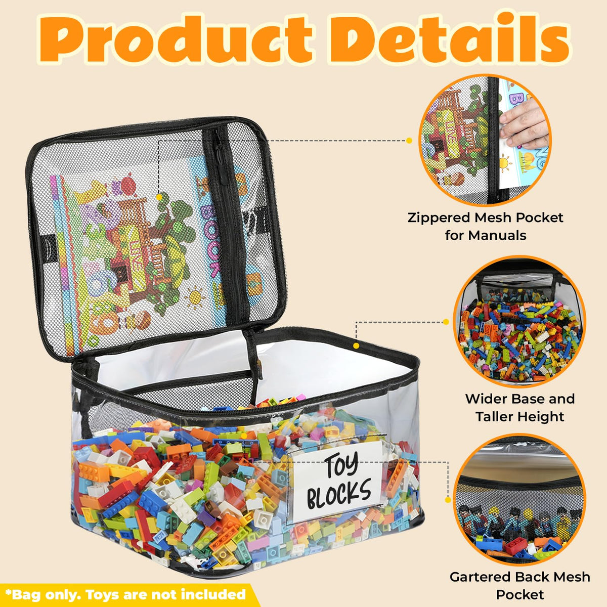 Clear Toy Storage Bags 6-Pack with Zippers and Labels, Reusable TPU Organizers for Building Blocks, Puzzles, Dolls and Board Games at Home or Away