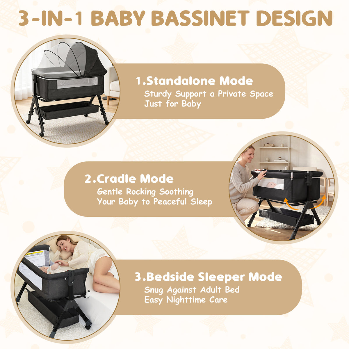 Bedside Bassinet with Lockable Wheels, Height-Adjustable 3-in-1 Crib-Side Infant Sleeper with Mosquito Net and Storage Bag, Dark Gray