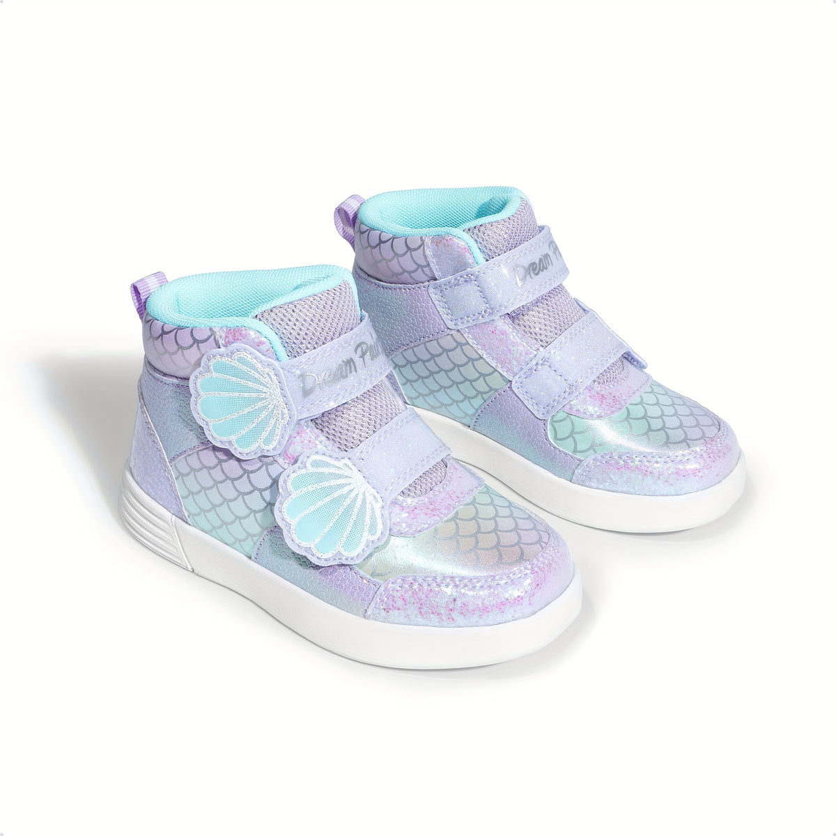 Girls Shell-Pattern High-Top Sneakers with Shiny Detail, Casual Walking Shoes for Toddlers and Little Kids in Pink, Lavender or White