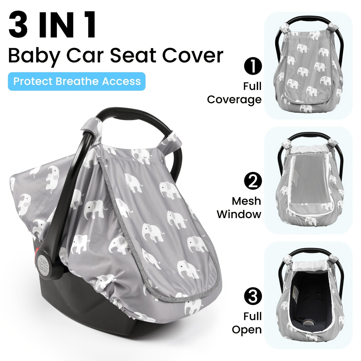 Stretchy Infant Carrier Cover with Large Window, Beavtaens Breathable Baby Car Seat Canopy in Elephant, Flower, Leaves, Rainbow or Sun Prints