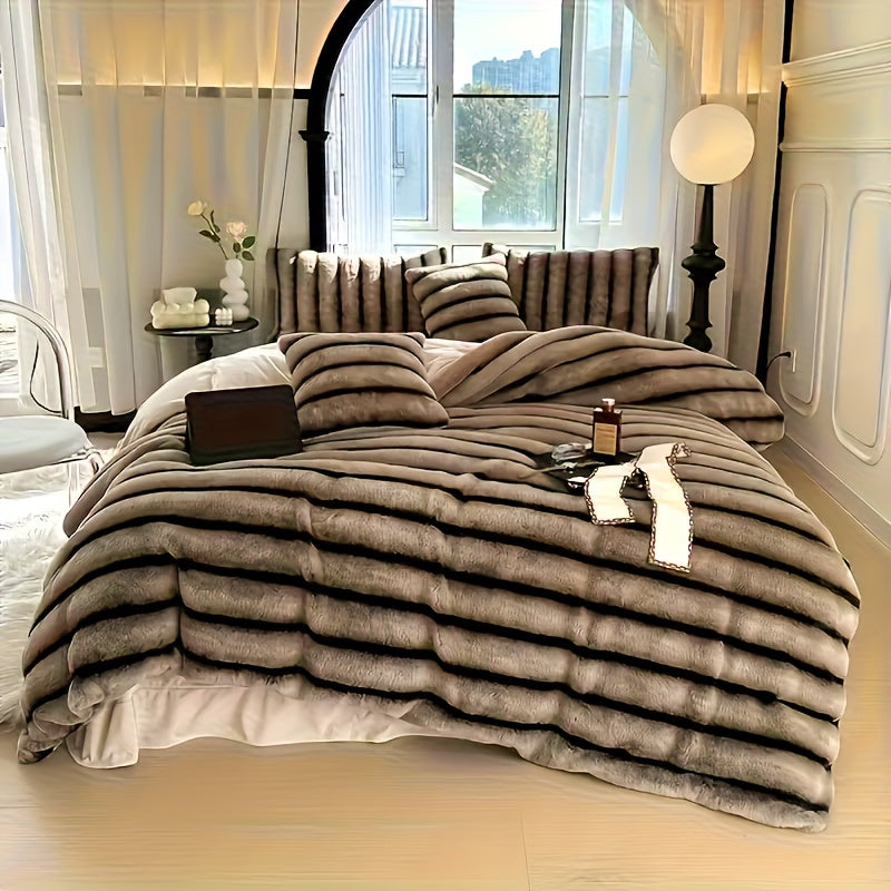 Striped Faux Rabbit Fur Throw Blanket with Flannel Back, Double-Sided Sofa and Bed Cover in Throw, Twin XL, Queen or King Sizes and Multiple Colors
