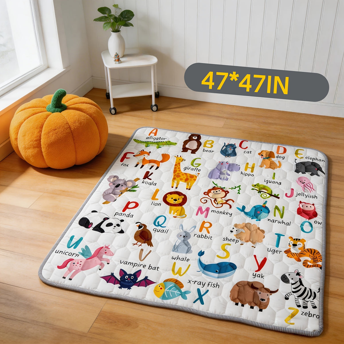 Animal Alphabet Baby Play Mat, Soft Non-Slip Foldable Crawling Floor Mat for Supervised Tummy Time, Machine Washable with Multiple Size Options