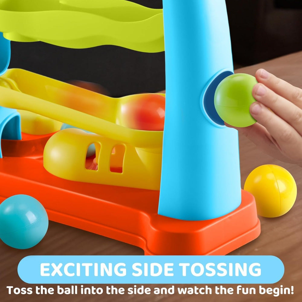 Toddler Ball Drop Toy with Hammer, Four-Tier Pounding and Rolling Track with 5 Colorful Balls for Cause-and-Effect Play, Ages 18 Months and Up