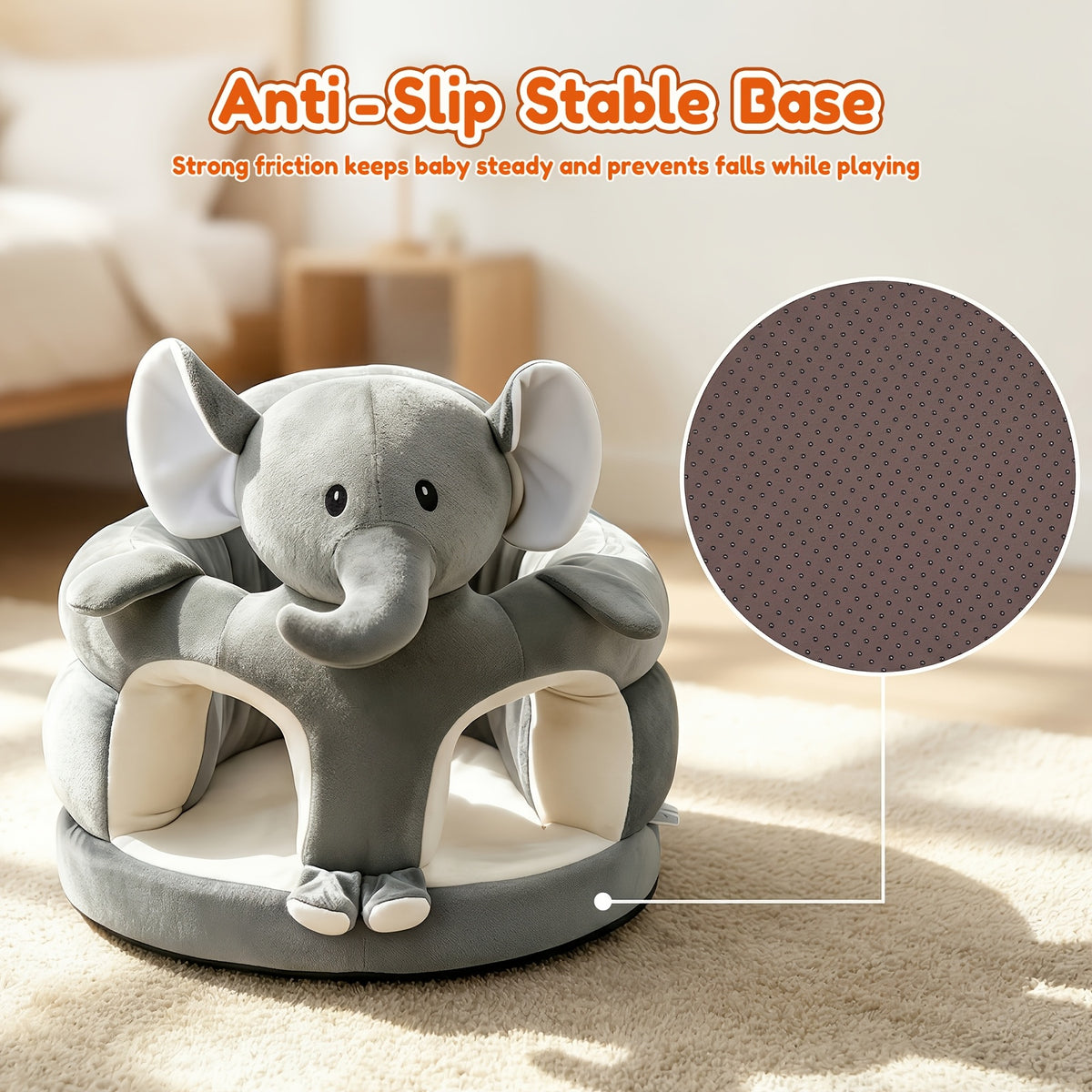 Plush Toddler Floor Seat with Back Support, Cartoon Elephant or Bear Baby Sofa Chair for Supervised Sitting and Play in Nursery or Living Room
