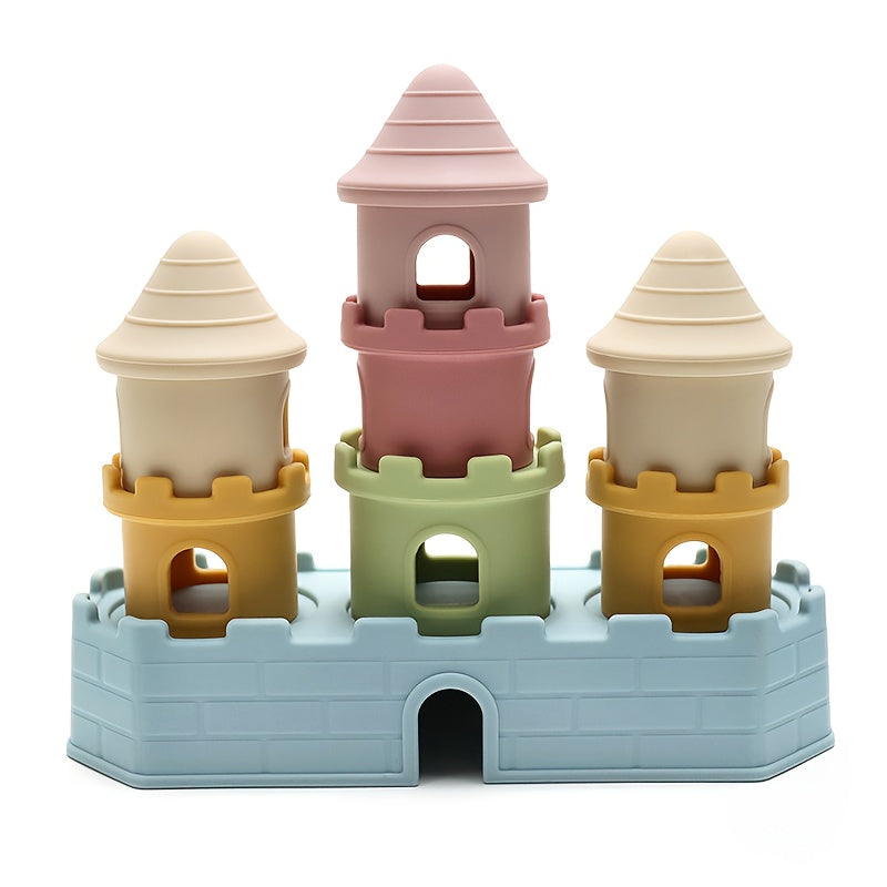Silicone Castle Stacking Toy with Pastel Building Pieces, Soft Stacking and Nesting Set for Color and Shape Exploration and Supervised Play