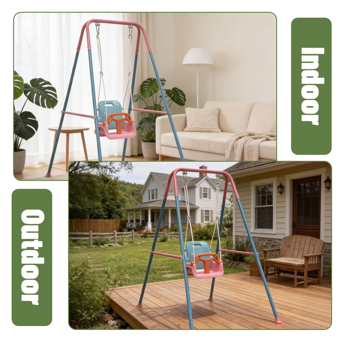 Foldable 3-in-1 Child Swing Set with Metal Stand, Detachable Seat for Ages 6 Months to 10 Years, Indoor or Outdoor Use and Compact Storage