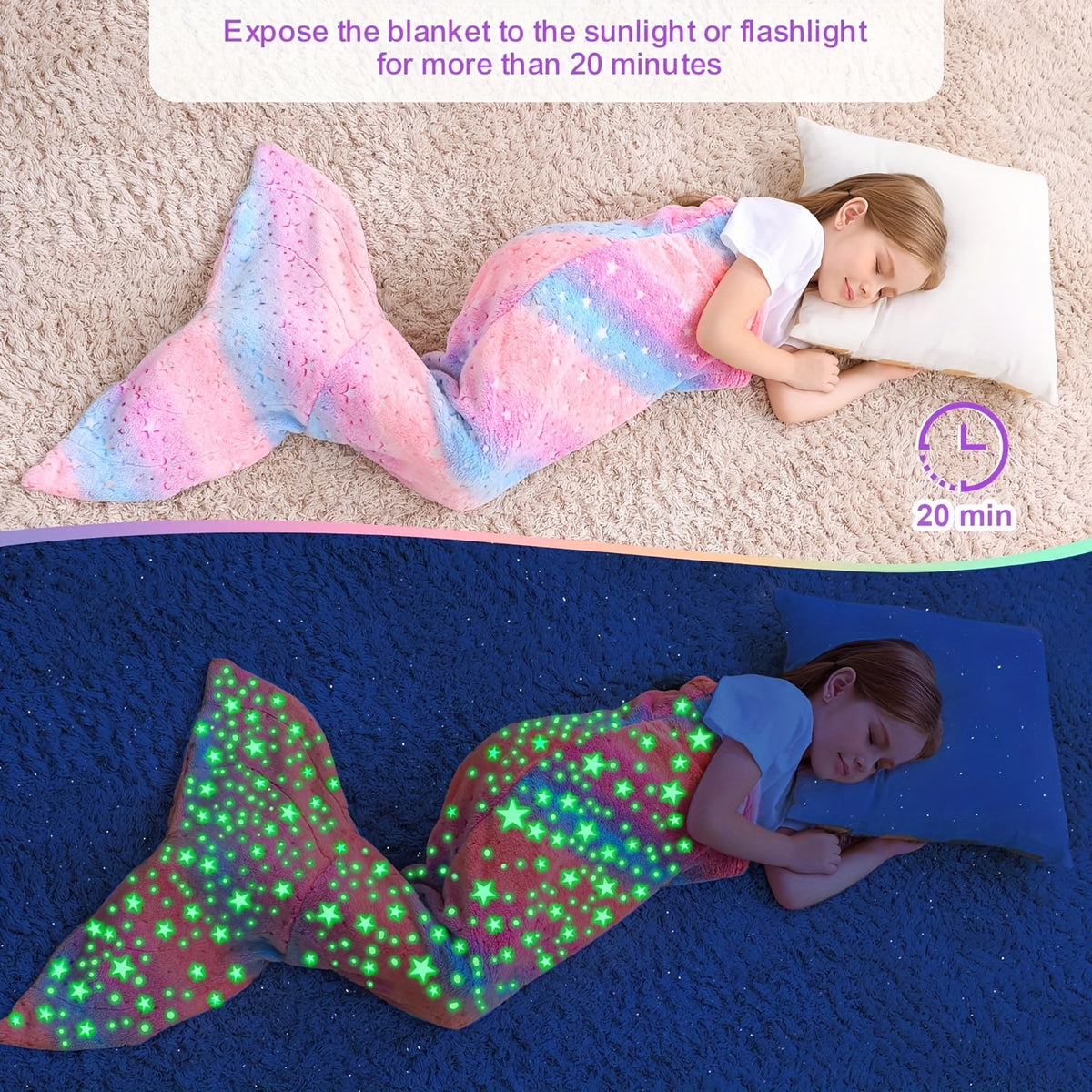 Mermaid Tail Blanket for Girls, Soft Polyester Knit Fish Tail Throw with Colorful Tie-Dye Unicorn-Inspired Design for Cozy Reading and Gift Giving