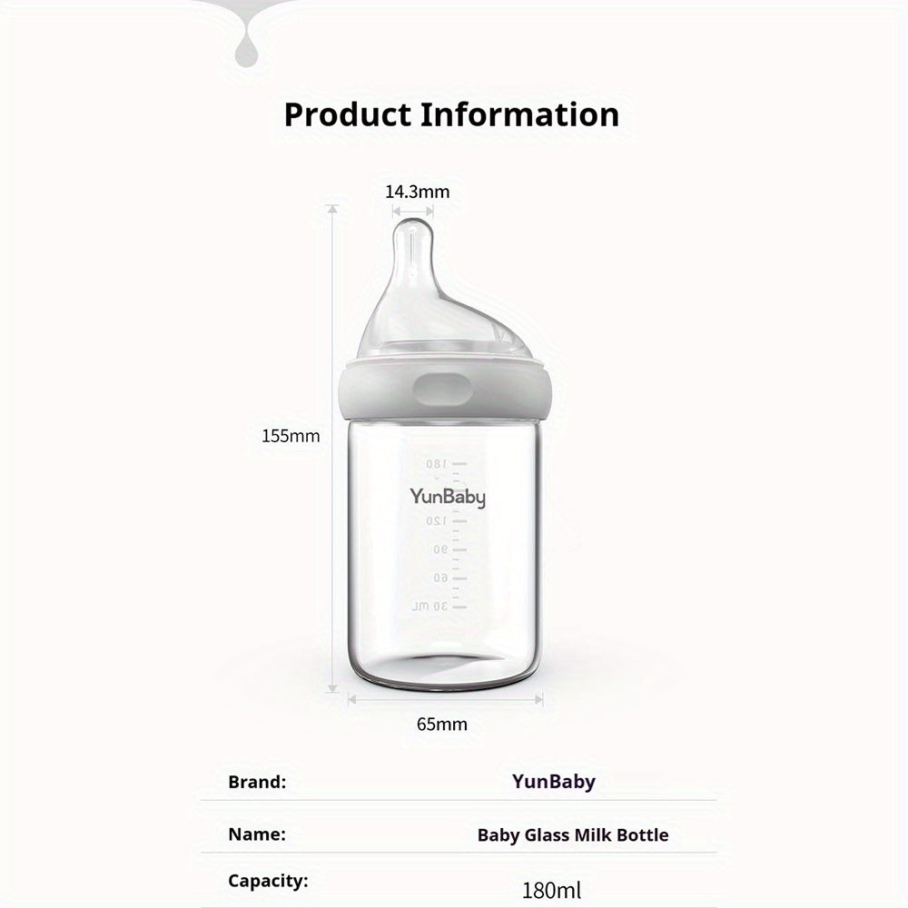 Slow Flow Glass Baby Bottles by YunBaby, 180 mL White Feeding Bottles with Listed Natural Rubber Nipples, Newborn 0+ Label and 1–6 Pack Options