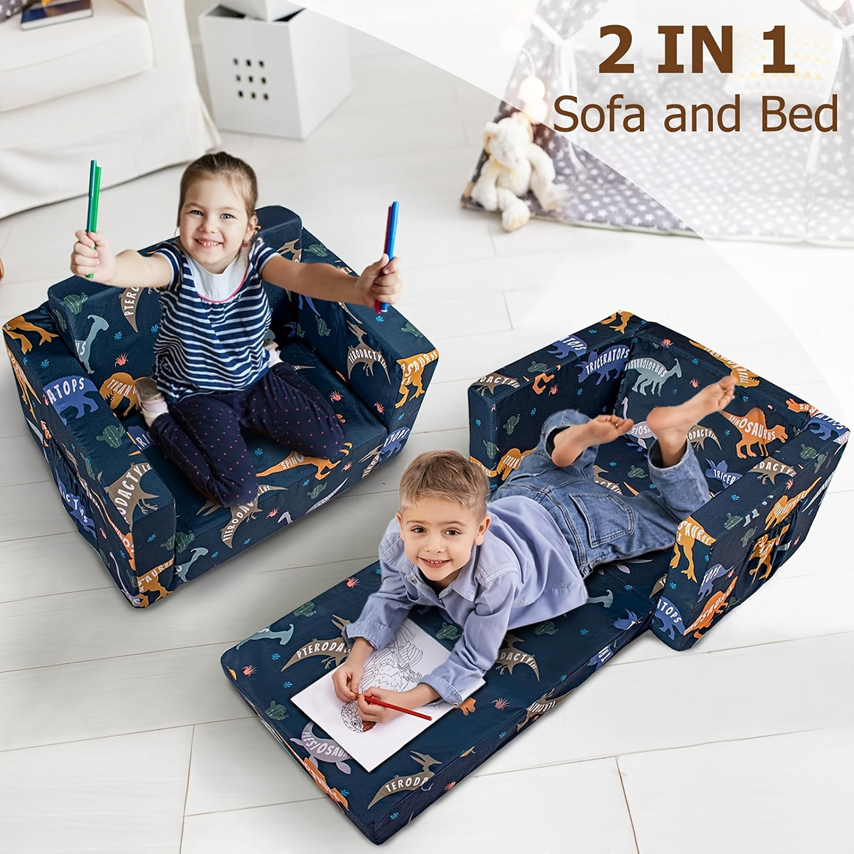 Convertible Kids Sofa Bed, 2-in-1 Fold-Out Toddler Couch and Lounge Chair with Removable Washable Cover for Reading and Playroom Relaxing
