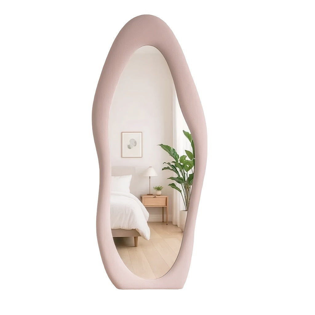 Full Length Mirror with Irregular Velvet Frame and Rounded Corners, Decorative Floor Mirror for Kids Room or Nursery in Six Colors