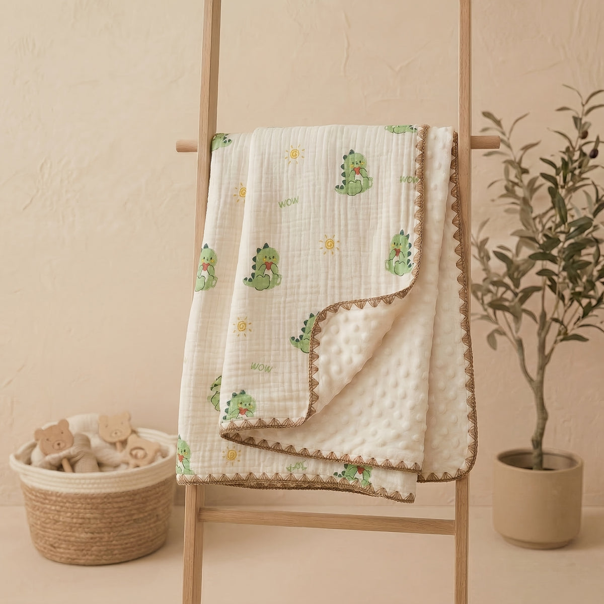 Double-Layer Baby Blanket with Cotton Gauze and Minky Dot Backing, 39.37 x 39.37 Inch Newborn Wrap in Bear, Rabbit and Dinosaur Prints