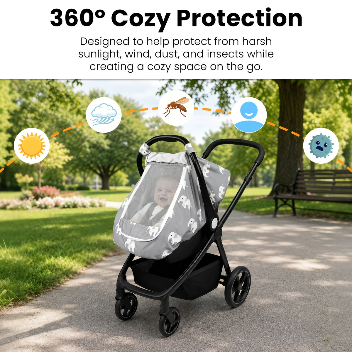 Stretchy Infant Carrier Cover with Large Window, Beavtaens Breathable Baby Car Seat Canopy in Elephant, Flower, Leaves, Rainbow or Sun Prints