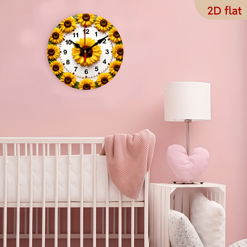 Sunflower Nursery Wall Clock, 10 x 10 Inch Silent Non-Ticking Battery Clock with Wood Frame for Baby Room, Bedroom or Playroom Decor