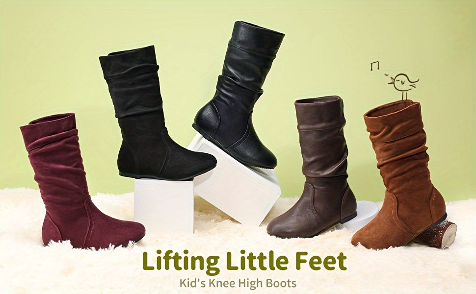Kids' Winter Boots with Faux Fur Lining, Knee-High Side-Zip Fashion Boots with Elastic Gore for Toddler, Little Kid & Big Kid, Black & Brown