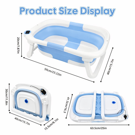Space-Saving Baby Bath Tub with Soft Cushion and Thermometer, Foldable Portable Bathtub for Supervised Bath Time at Home and Travel