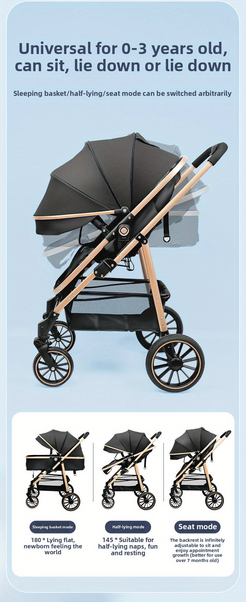 Lightweight Travel Stroller with Quick-Folding Design, Adjustable Backrest, Canopy and Storage Basket, Black Baby Pushchair for Everyday Outings