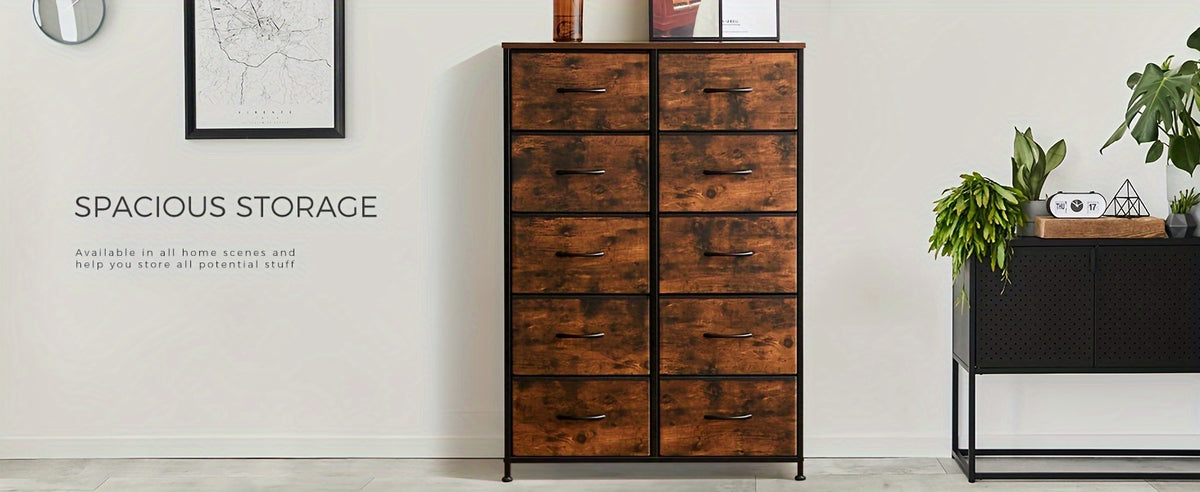 Fabric Drawer Dresser for Bedroom Storage with Metal Frame and Wood Tabletop, 9 or 10 Drawer Closet Organizer Tower for Clothes, Living Room or Entryway