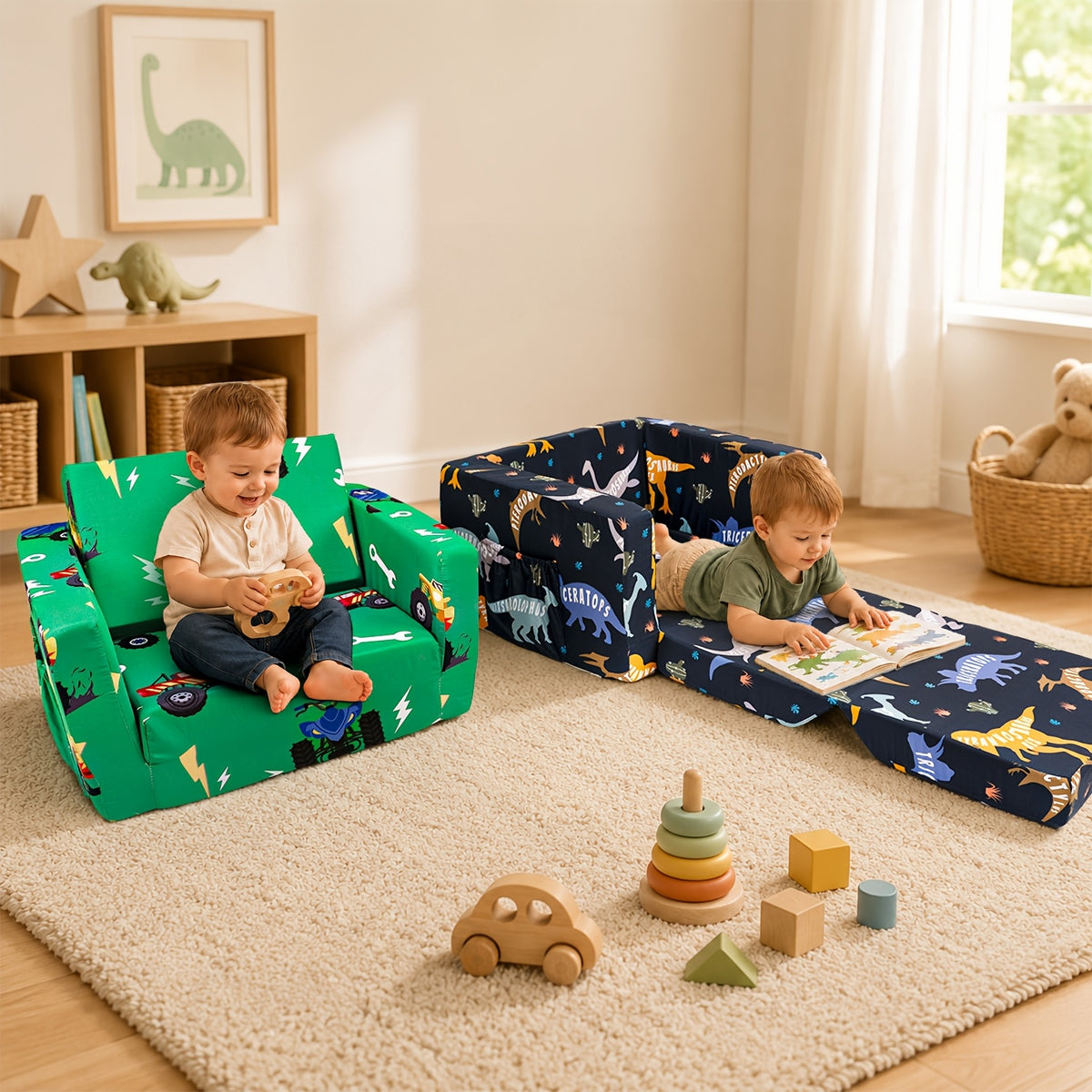 Convertible Kids Sofa Bed, 2-in-1 Fold-Out Toddler Couch and Lounge Chair with Removable Washable Cover for Reading and Playroom Relaxing
